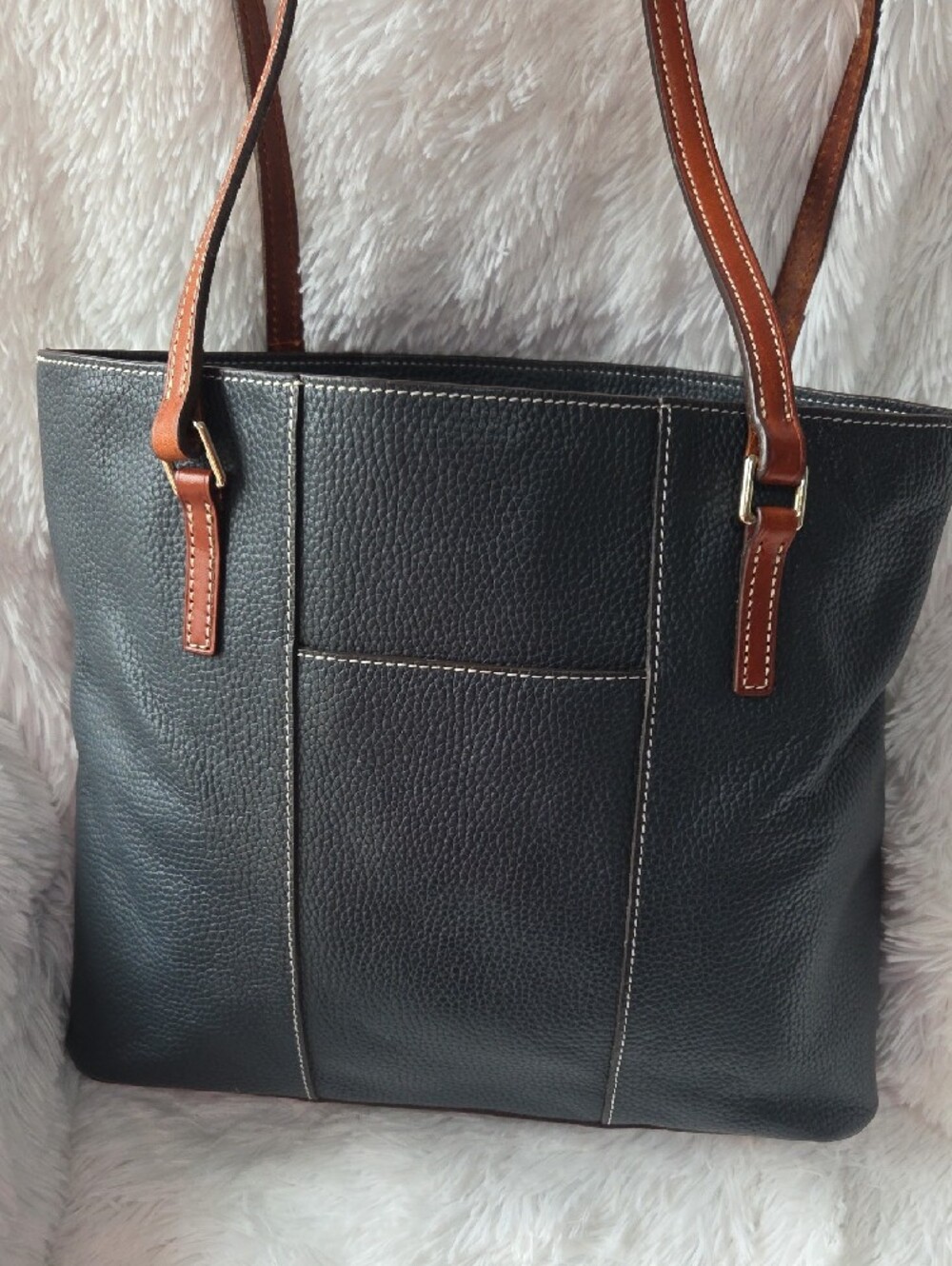 Dooney & Bourke Dark Blue Tote with Brown Trim and Straps - Picture 2 of 10